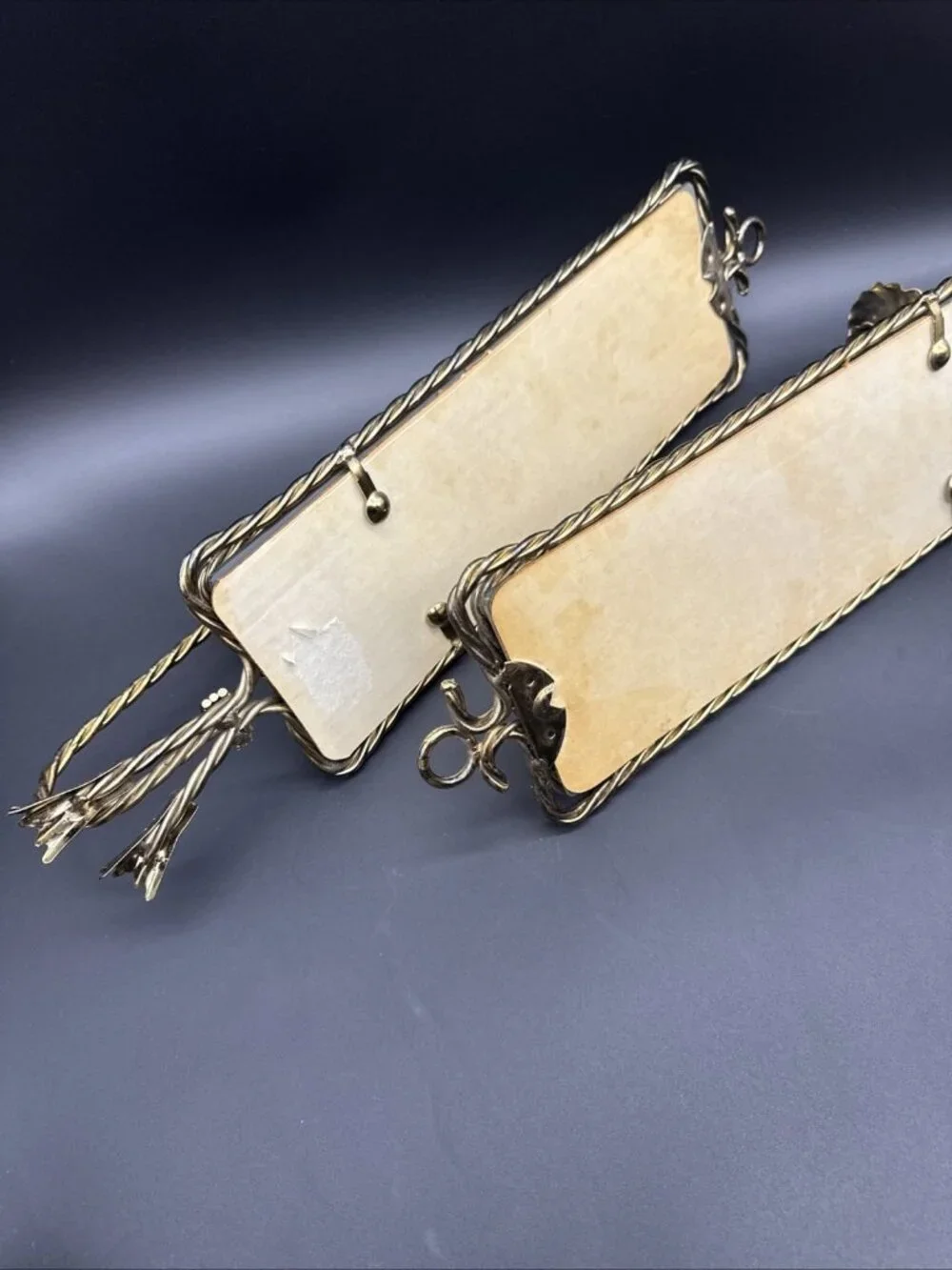 Vtg Midcentury French Gold Twisted Metal Rope Tassel Mirrored Candle Sconce Pair